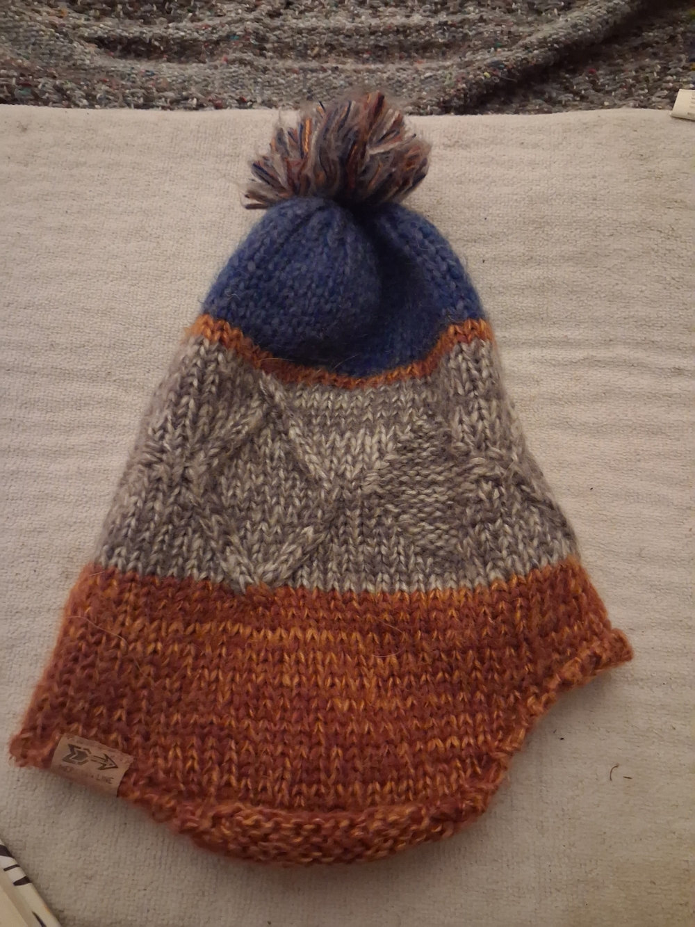 Pom-Pom Knit Hat - Blue, Gray & Brown. NWOT